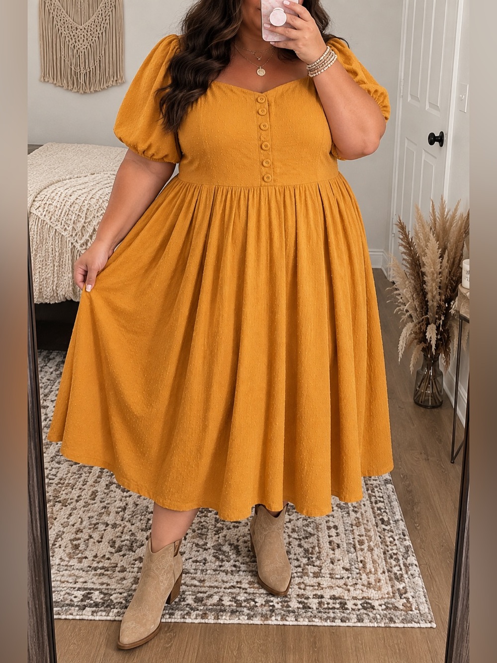 MODCLOTH Mustard Yellow Clip Dot Midi Dress 4X New!
